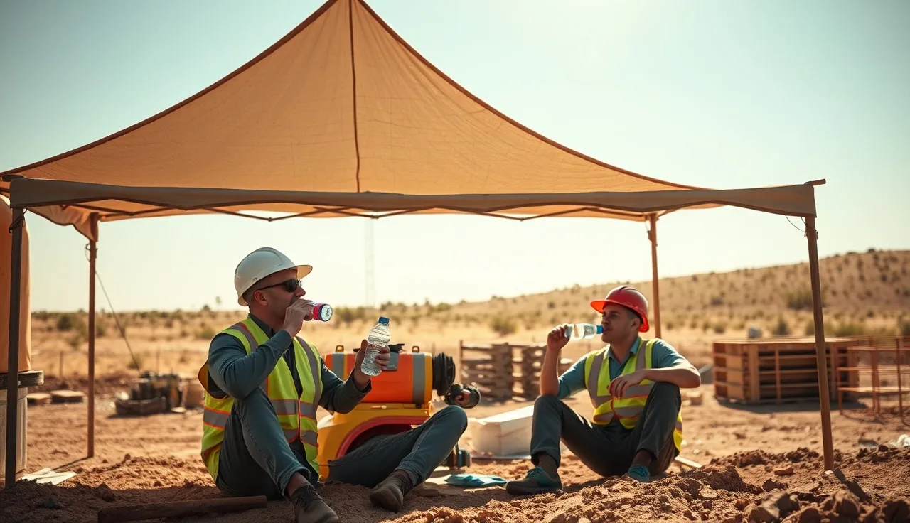 Two outdoor construction workers resting in shade drinking water during heat illness prevention break