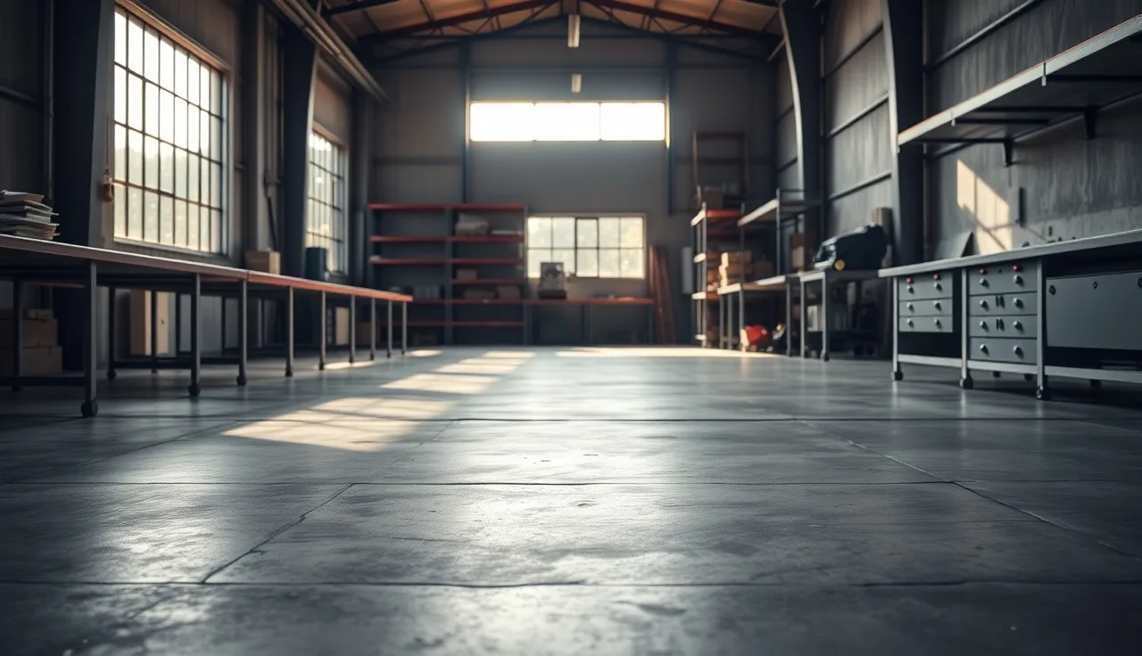 Clean concrete floor of a small metal fabrication shop with organized workbenches in background
