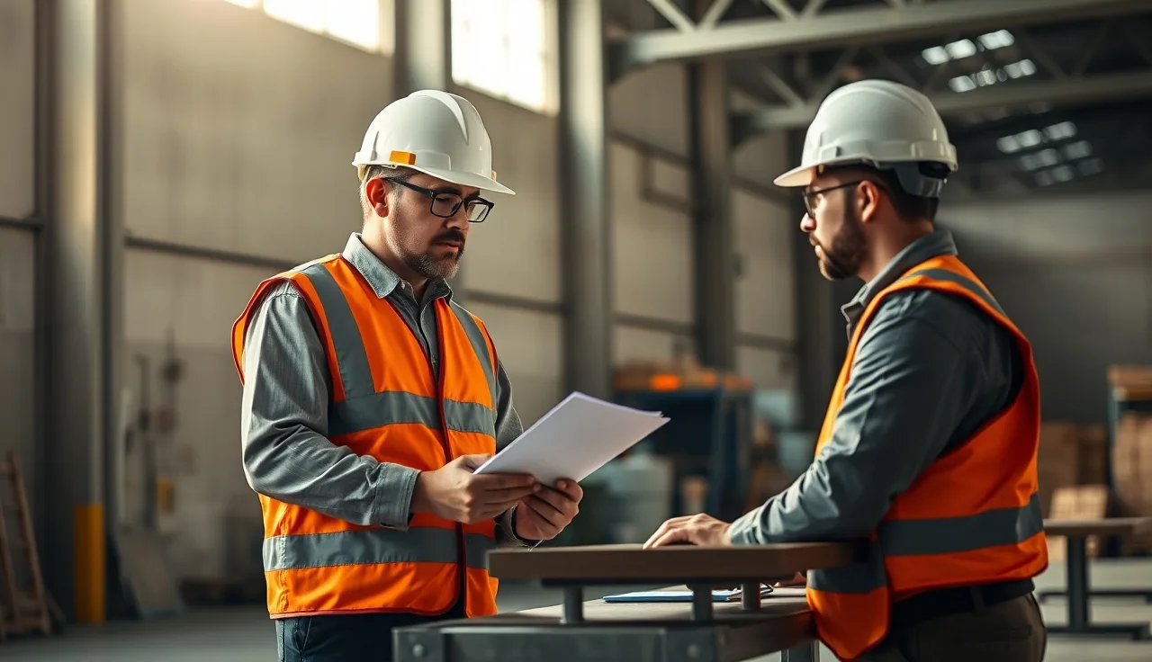 Supervisor and injured worker reviewing light duty task assignment at a warehouse inspection table