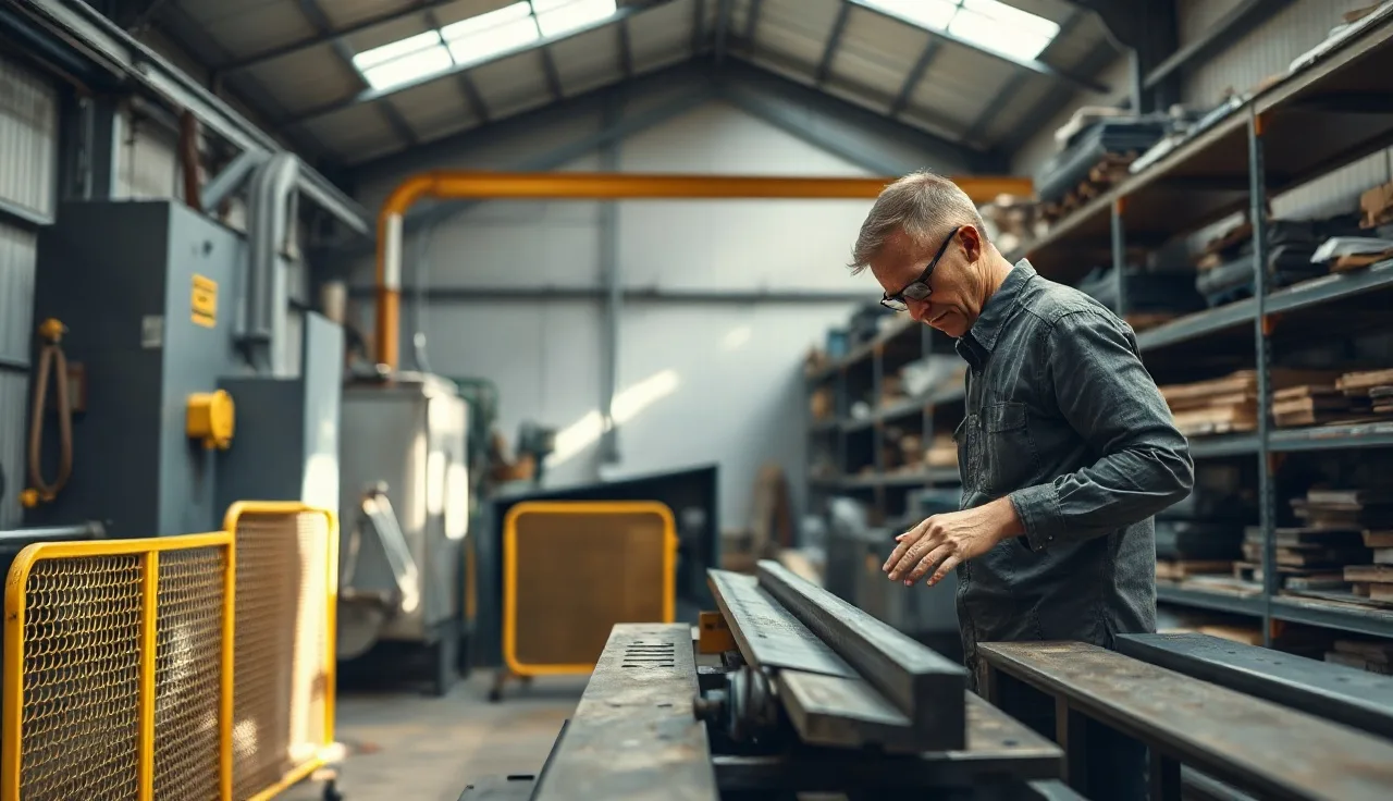 Worker at a press brake with yellow machine guard in a small fabrication shop