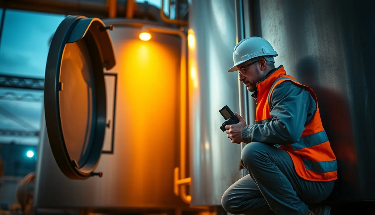 Worker with gas monitor inspecting confined space entry hatch in industrial facility