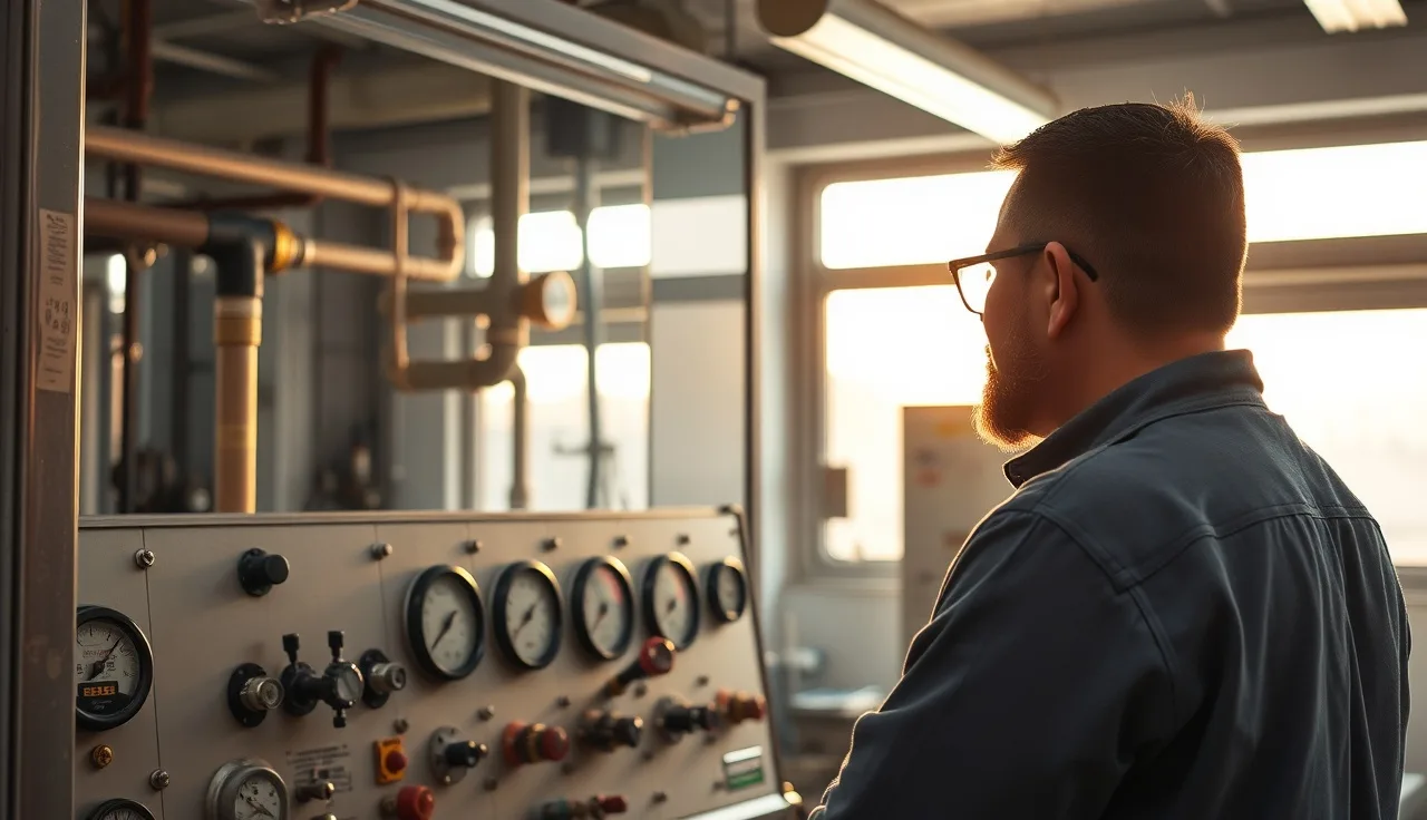 Operator checking pressure gauges and valves in a small industrial control room