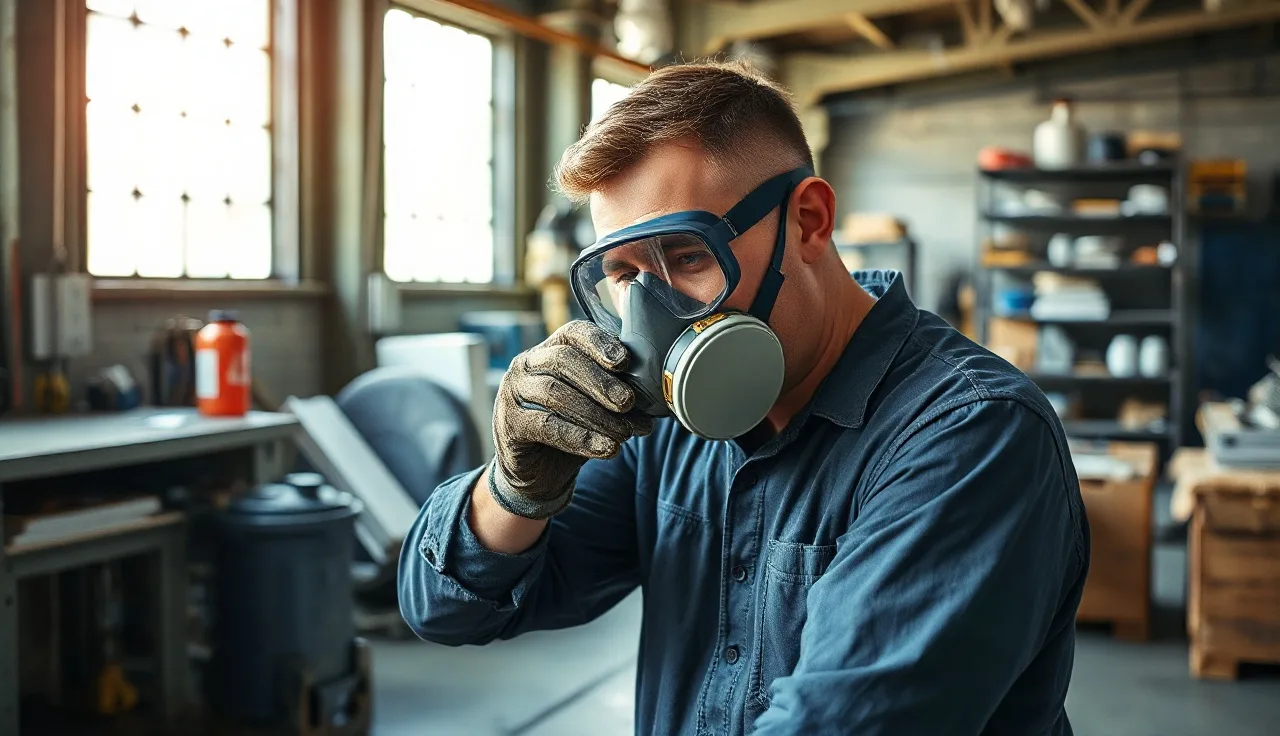 Worker donning a half-face respirator at an industrial workbench in morning light