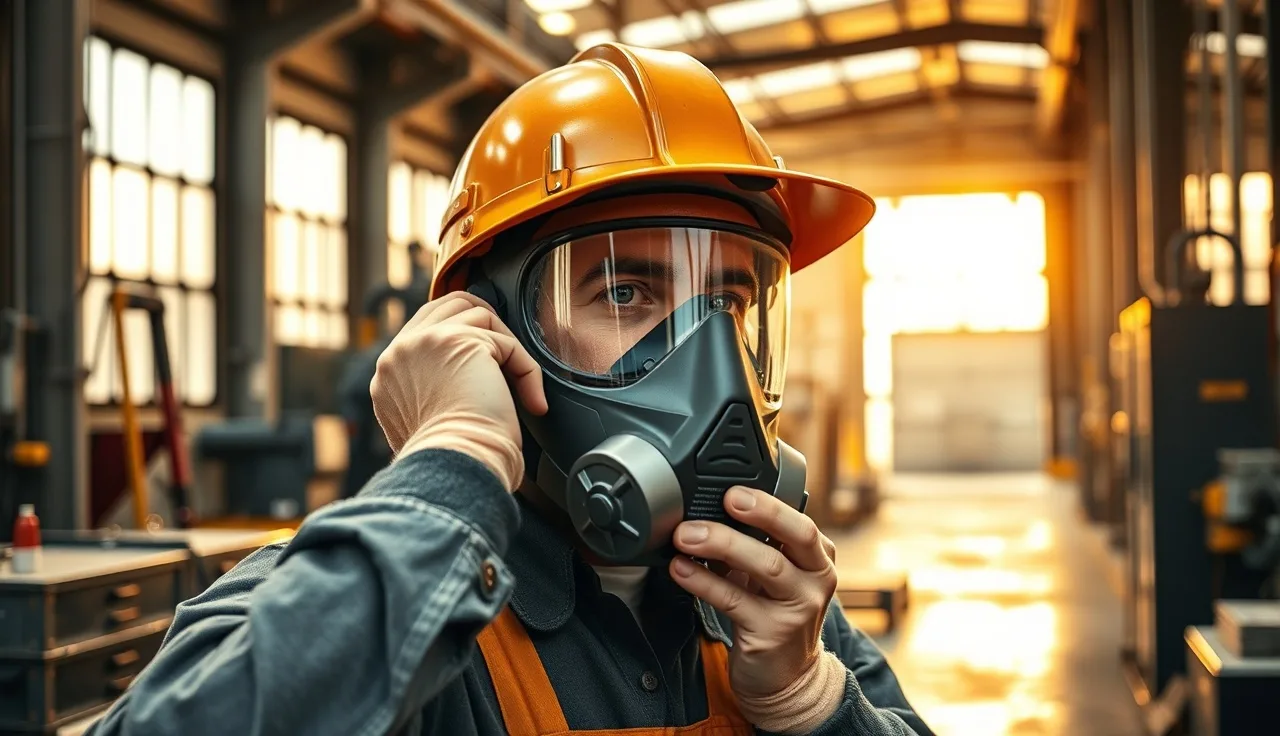 Worker adjusting a half-face respirator in an industrial facility before use