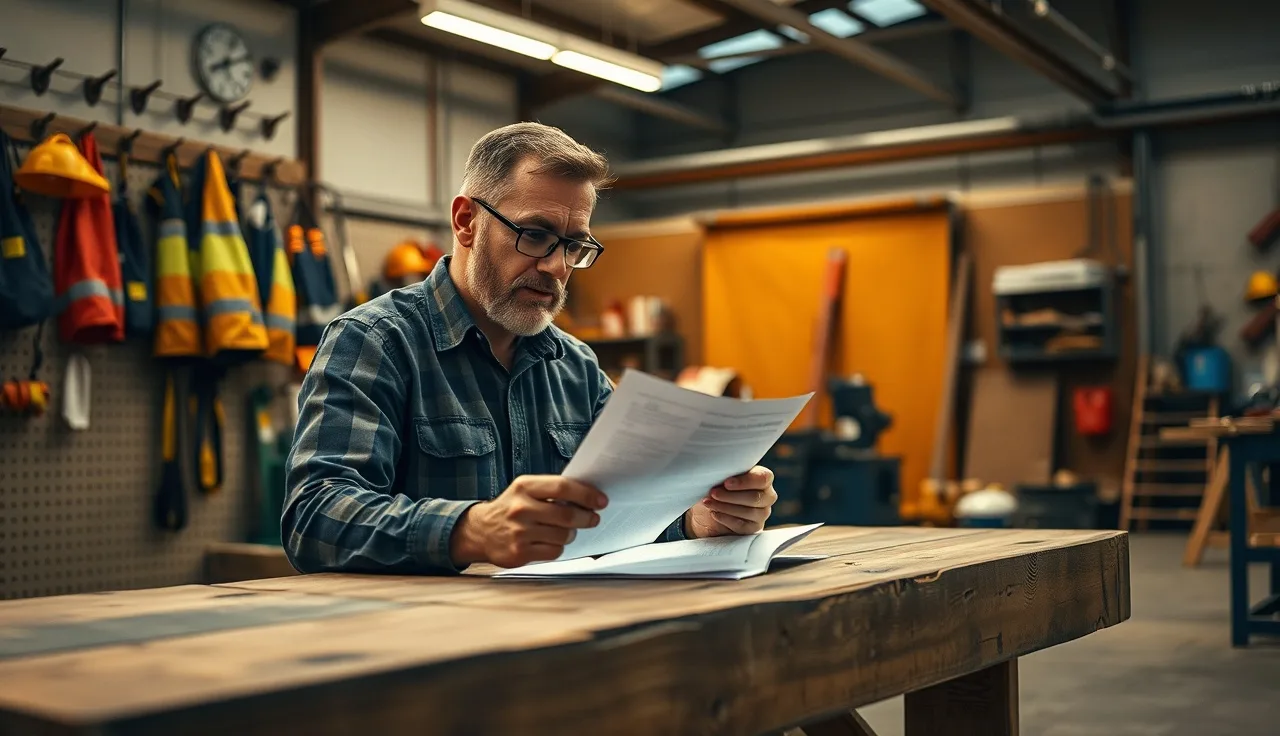 Small business owner writing a safety policy statement at a workshop workbench
