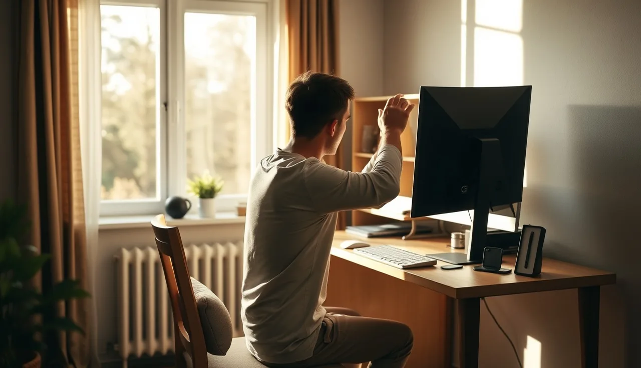 Person adjusting monitor height at a home office desk near a window