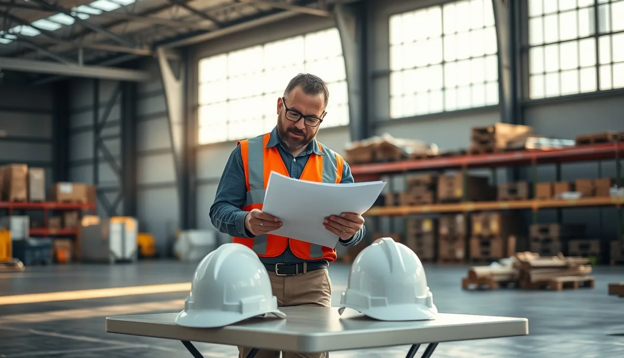 Two workers reviewing safety program documents at a table in an industrial facility