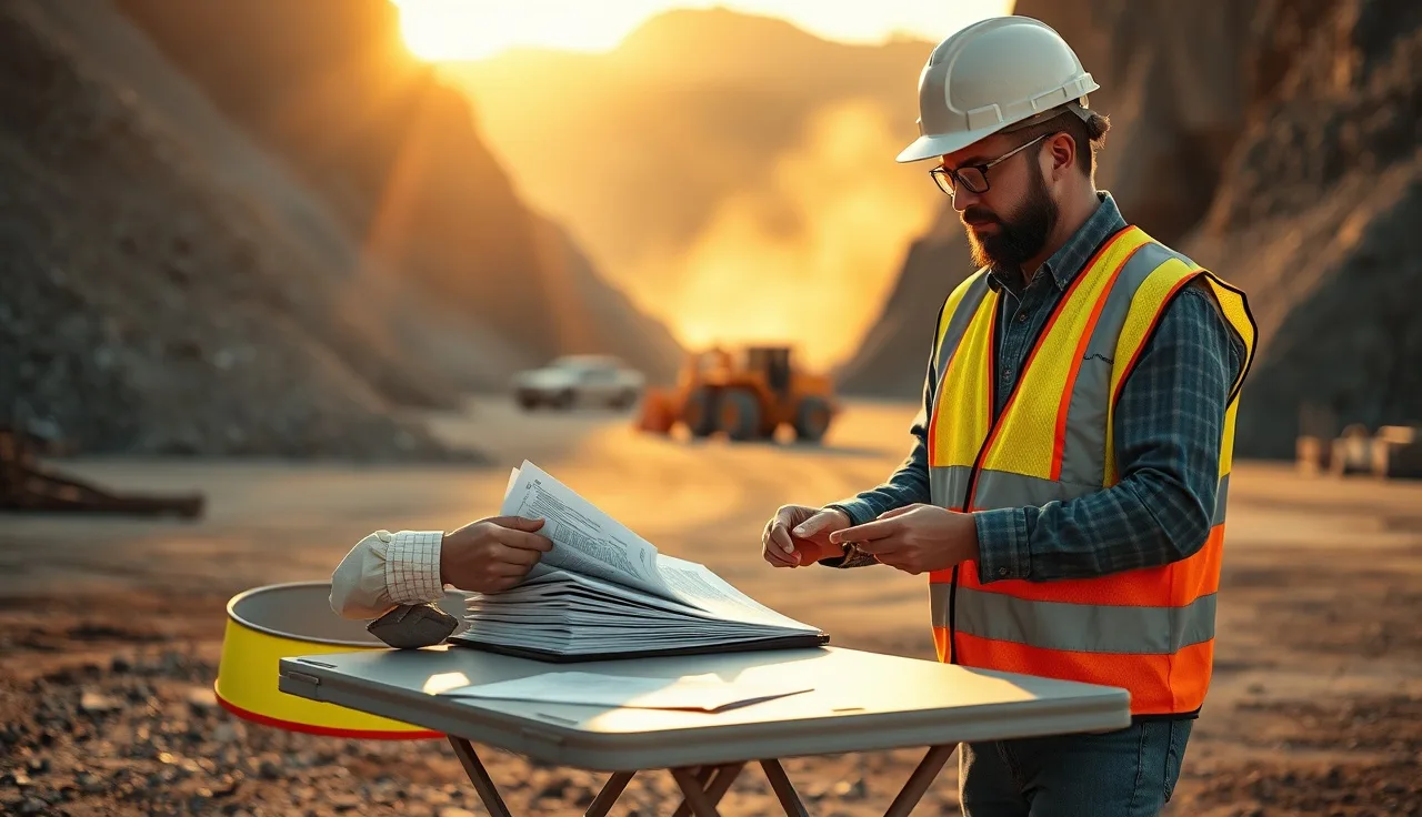 Safety manager reviewing written safety program documents at a quarry worksite