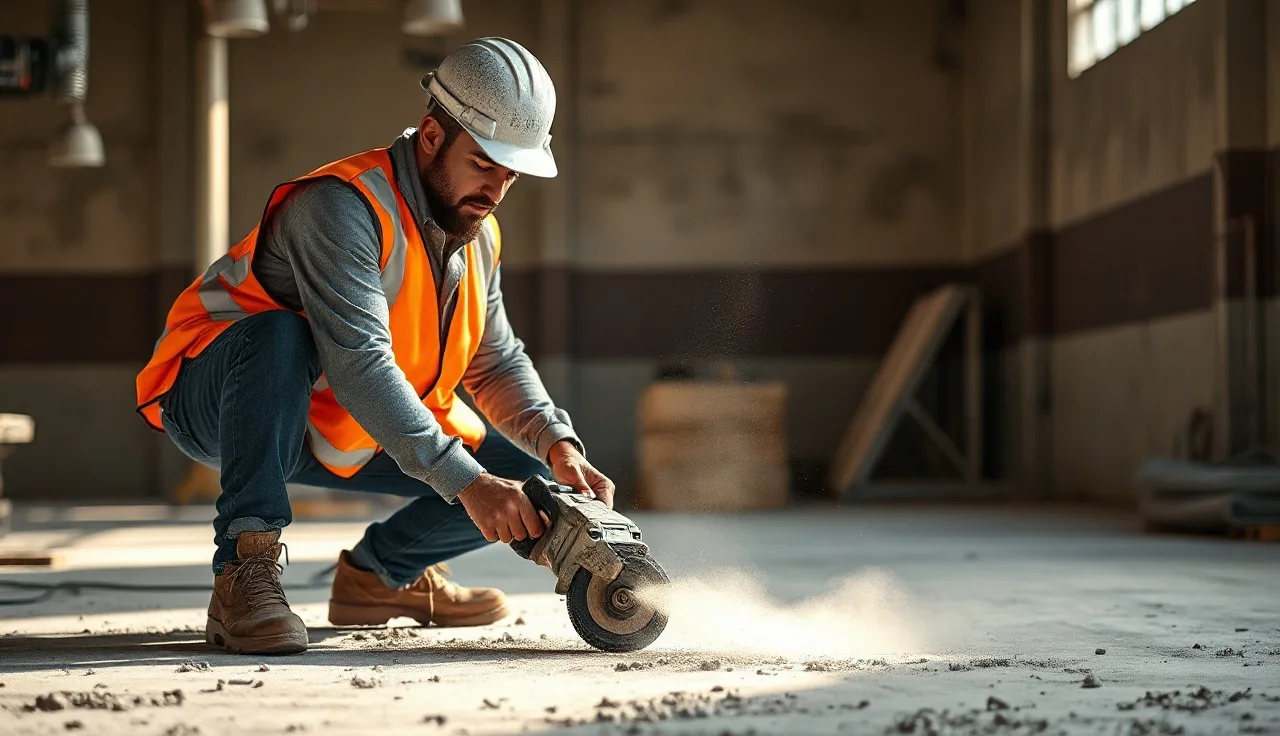 Worker grinding concrete on a dusty construction site with visible silica dust