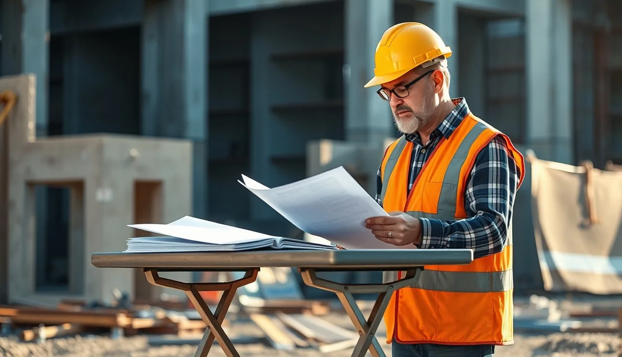 Construction superintendent reviewing safety plan documents at an active building site