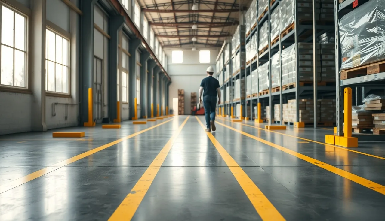 Clean warehouse floor with yellow aisle markings and worker walking, slip prevention