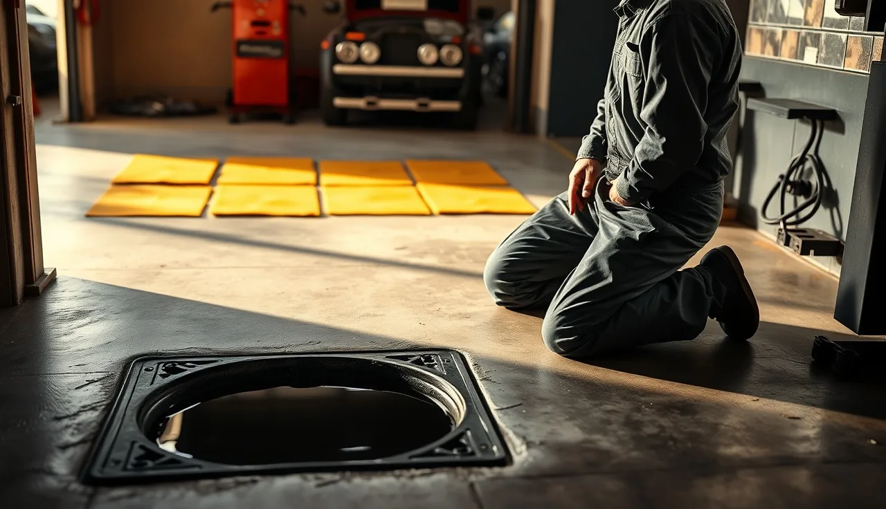 Mechanic placing absorbent pads around an oil spill near a floor drain in a repair shop bay
