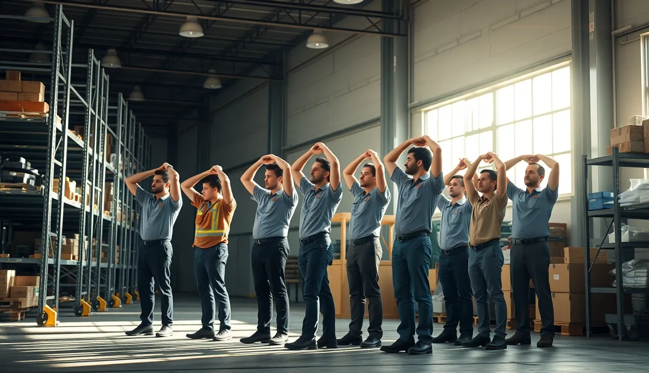 Warehouse workers performing a pre-shift shoulder stretch exercise together on the floor