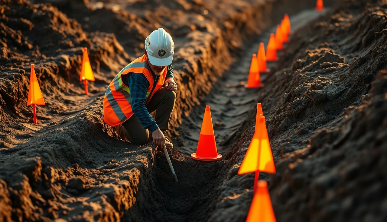 Worker hand-digging carefully around utility marking flags in a trench at dawn