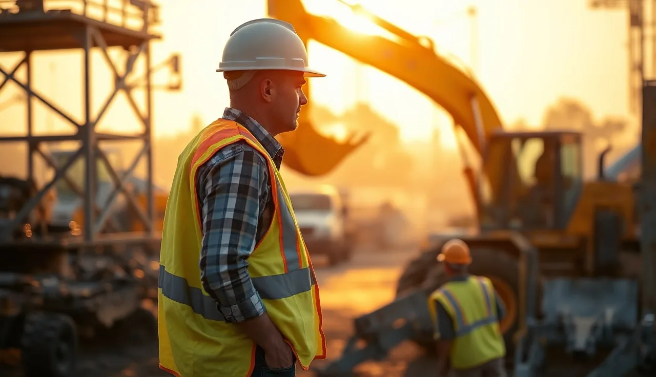 Construction worker in hard hat at job site near heavy equipment at sunrise