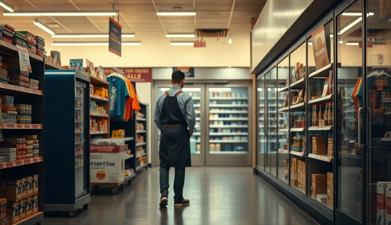 Retail worker walking toward locked back door in empty store at closing time
