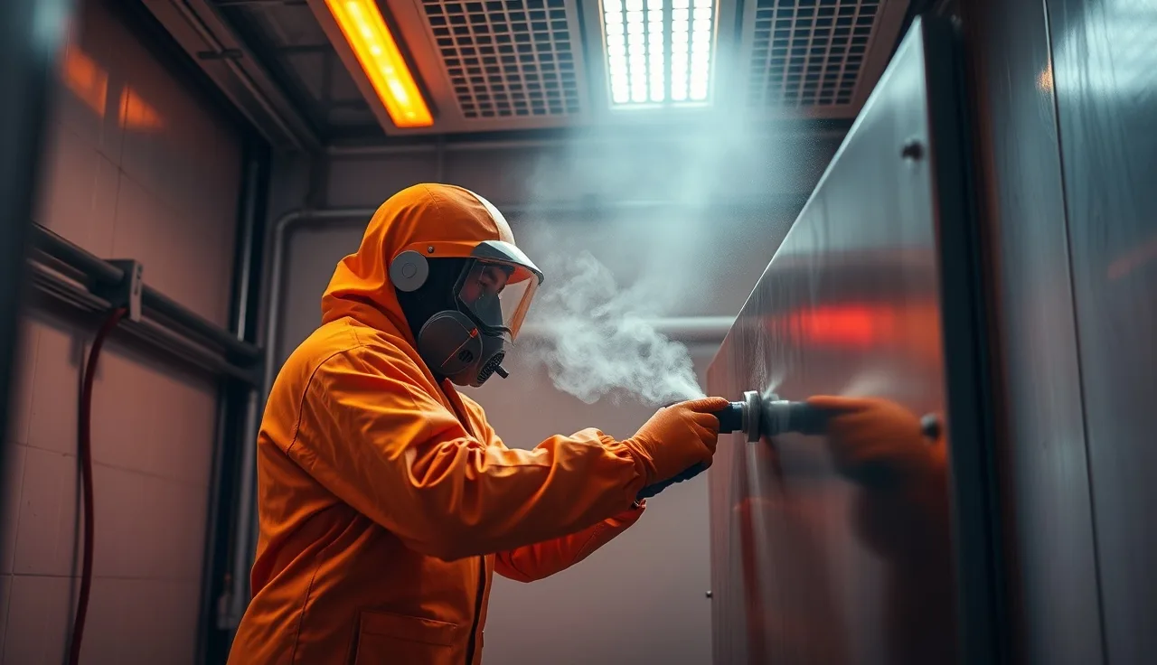 Worker in respirator and coveralls spraying coating inside an industrial spray booth