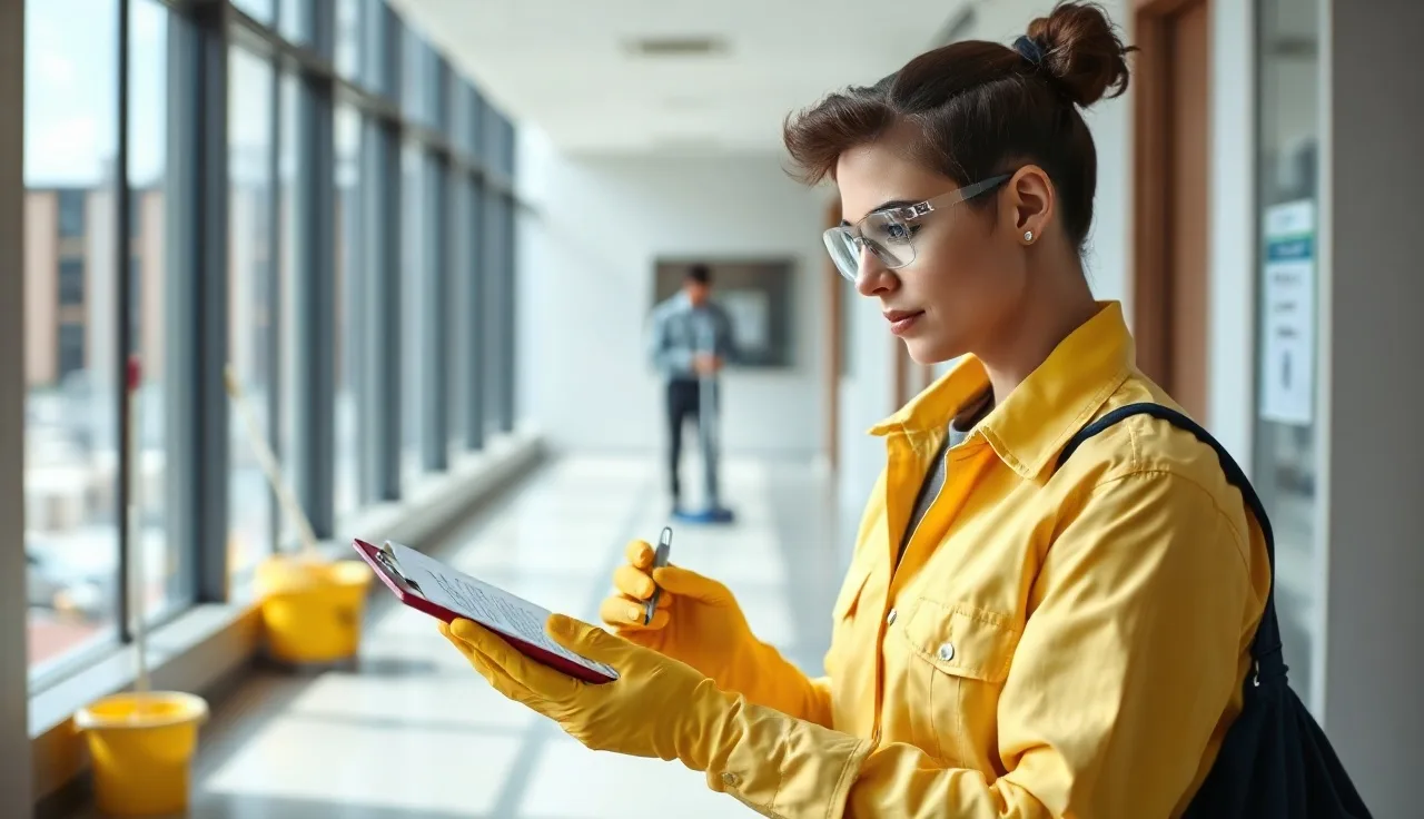 Cleaning worker in safety glasses reviewing a safety checklist on a clipboard in an office hallway