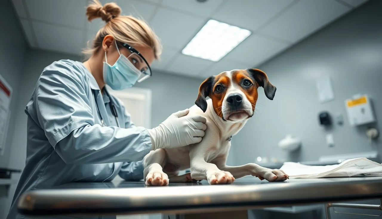 Vet technician in PPE examining a dog on a clinic exam table