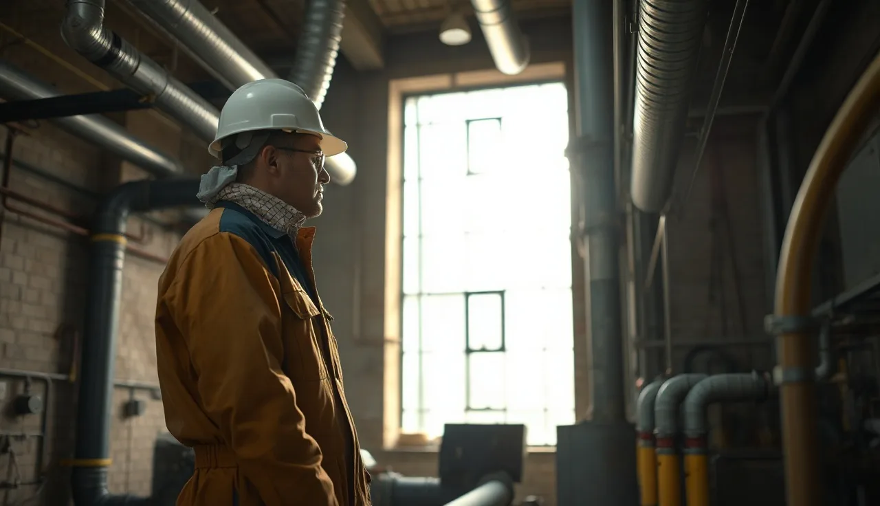 Maintenance worker in protective coveralls inspecting old pipe insulation in a building mechanical room