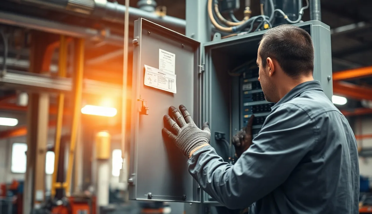 Maintenance worker in rubber gloves inspecting an open electrical panel in a factory