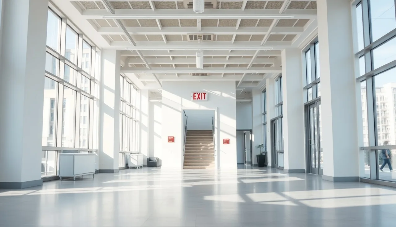 Empty office hallway leading to an exit stairwell door with a glowing sign