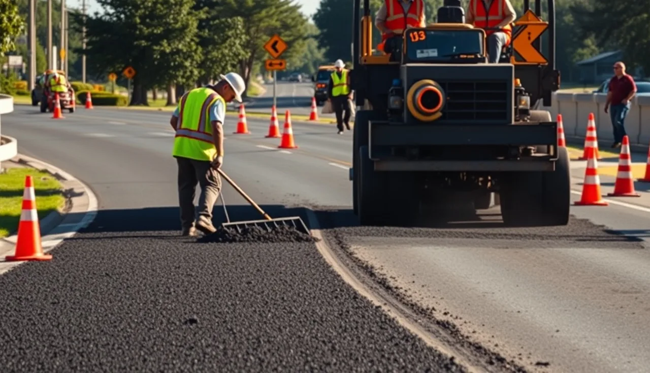 Paving crew in hi-vis vests laying asphalt on a road with cones