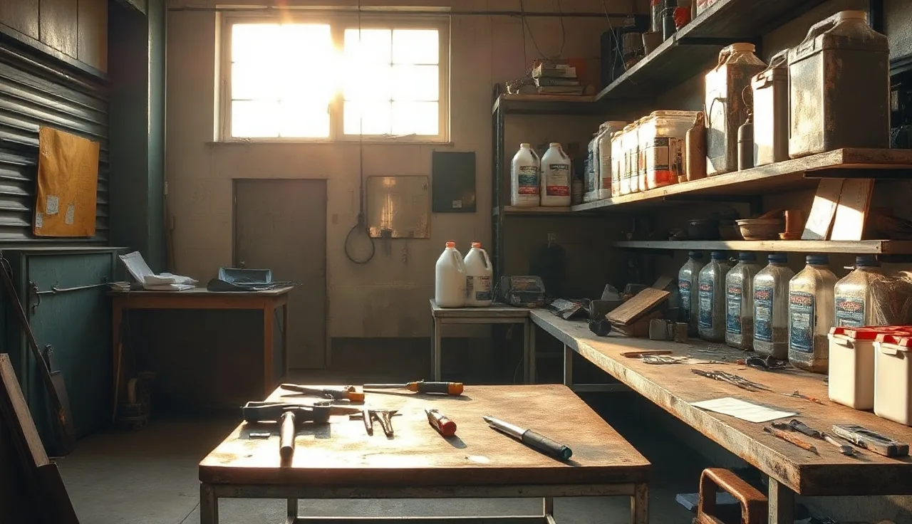 Small workshop interior with organized chemical storage rack and metal workbench in afternoon light