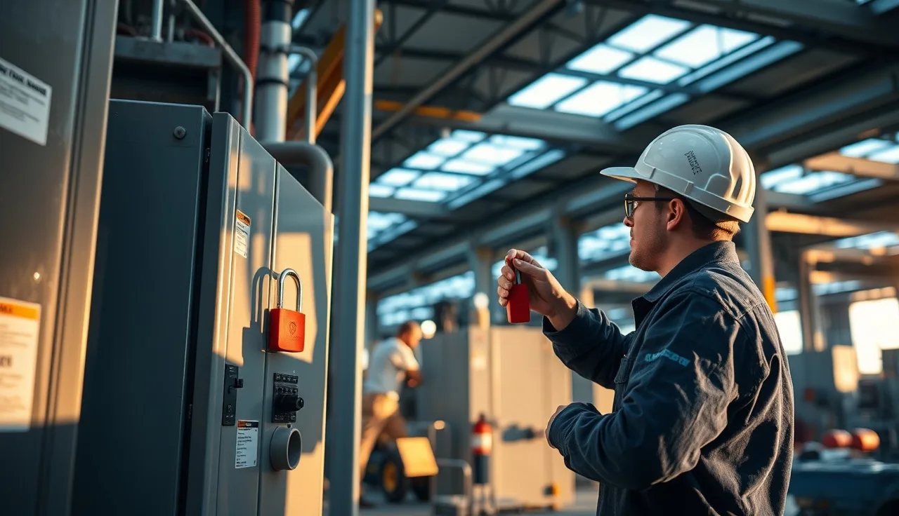 Maintenance worker locking out an electrical panel on a manufacturing machine