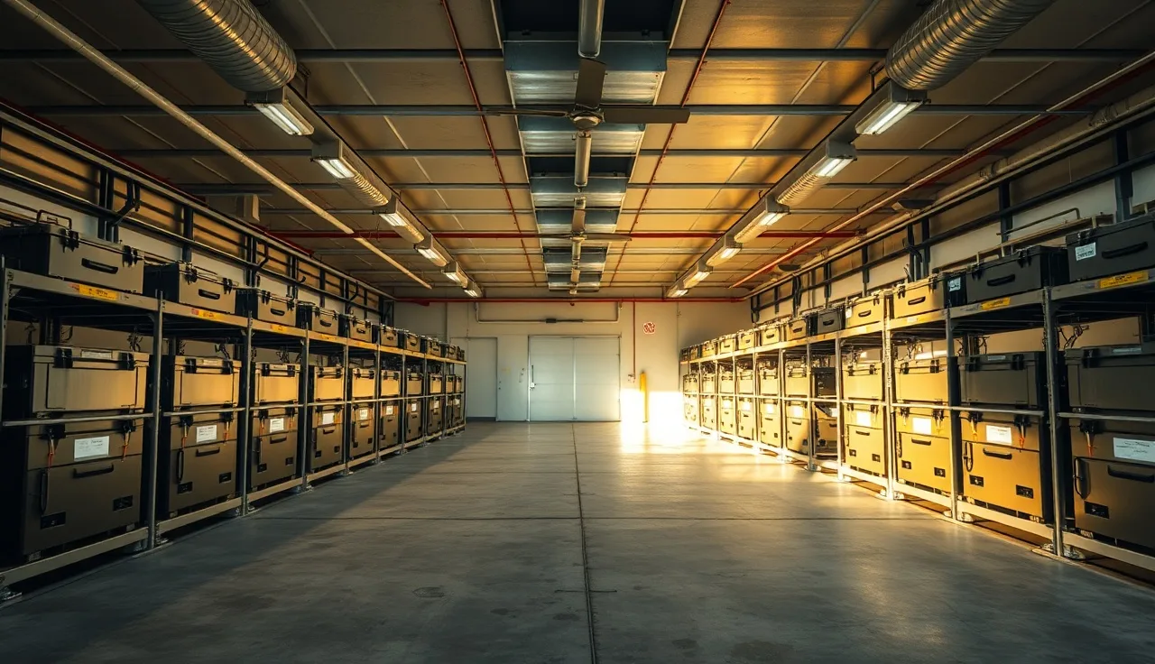 Industrial battery charging room with steel racks and ceiling exhaust fans