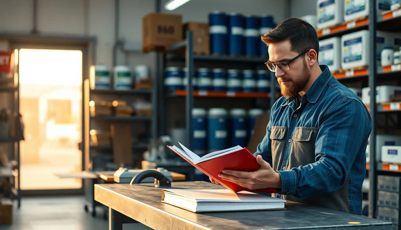 Worker reviewing safety documentation near chemical storage shelves in a small workshop