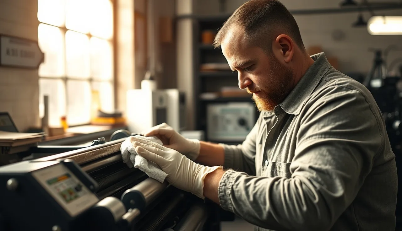 Print shop worker wiping ink from a press roller while wearing protective gloves