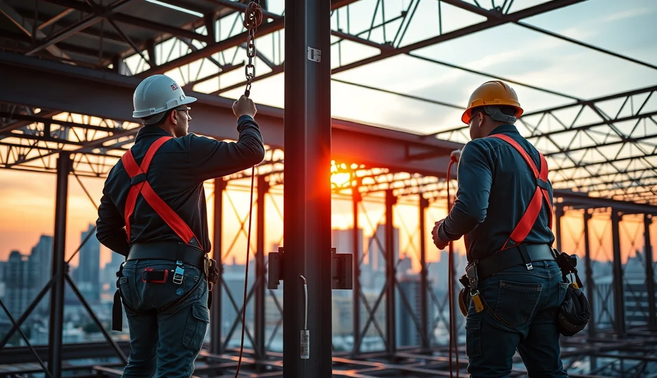 Two ironworkers in harnesses working on a structural steel frame at dusk