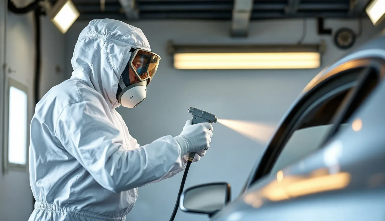 Auto body painter wearing supplied-air respirator spraying a car panel inside a spray booth
