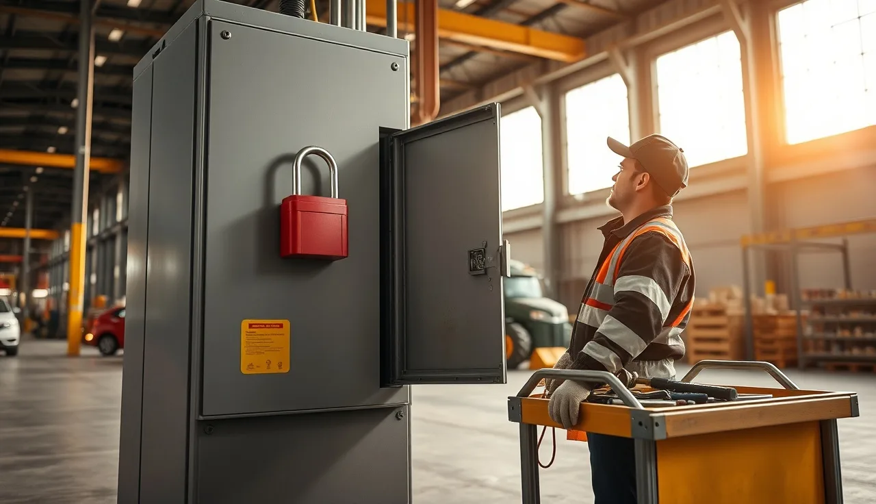 Worker applying a lockout padlock to an electrical disconnect panel in a factory