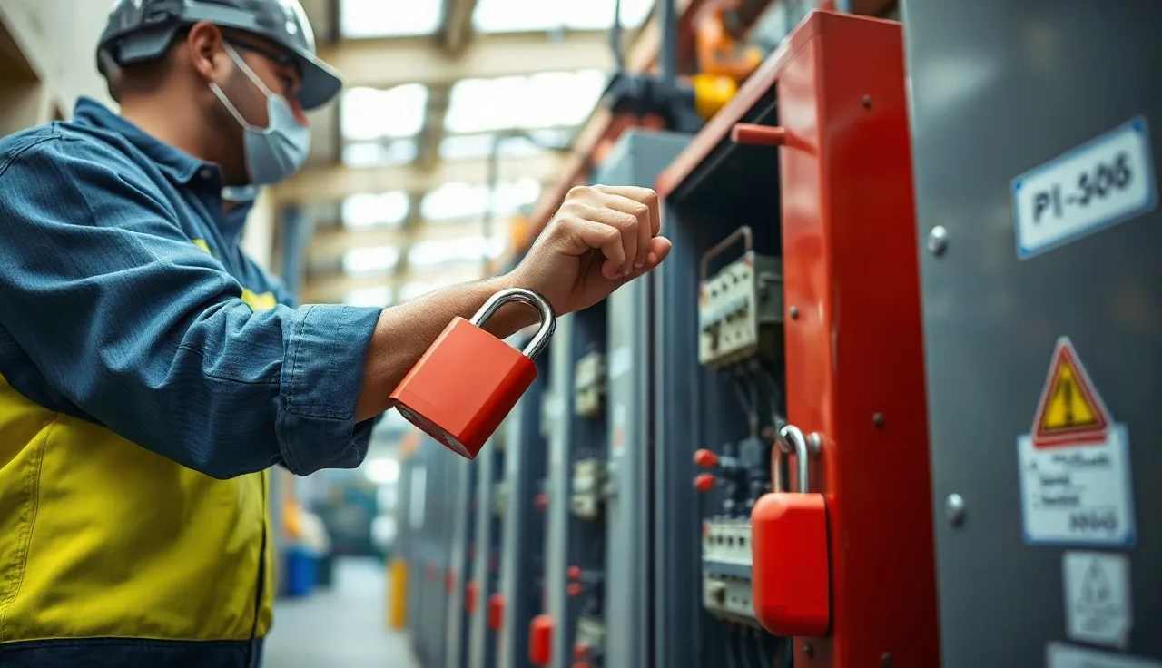 Technician applying a red padlock lockout device to an electrical disconnect panel