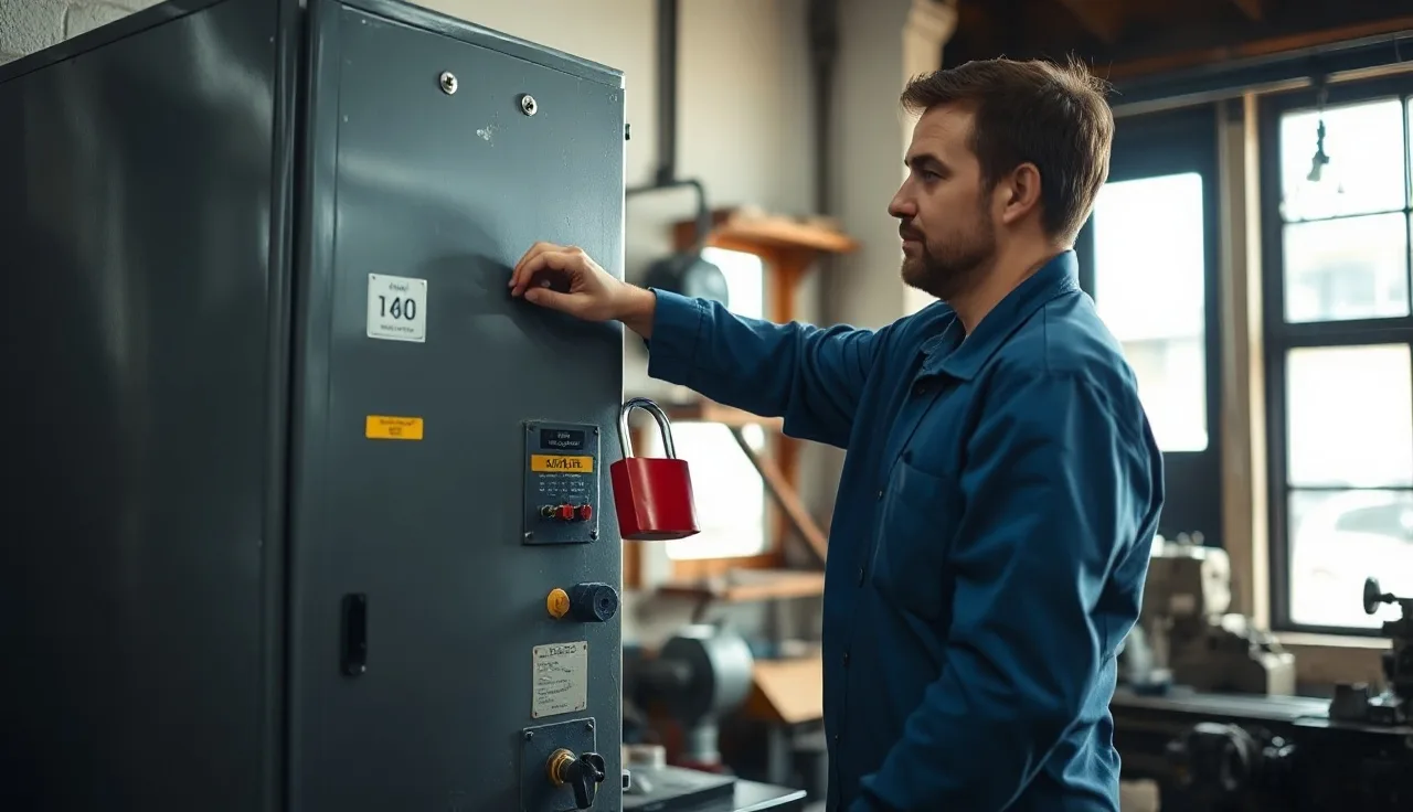 Machinist applying a red padlock to a disconnect panel during lockout tagout procedure