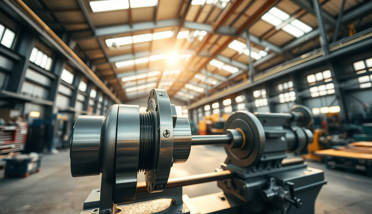 Metal lathe with fixed steel machine guard in manufacturing plant