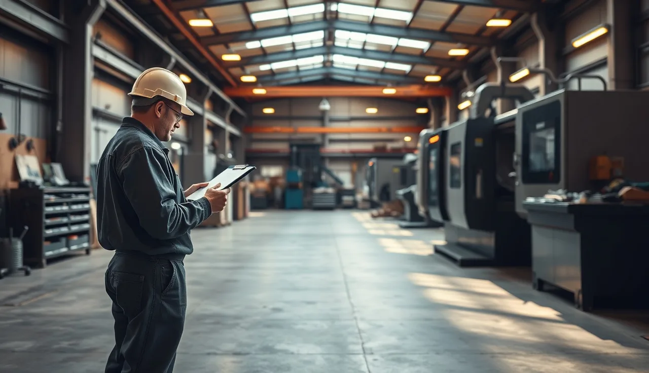 Worker in hard hat reviewing safety clipboard on a manufacturing shop floor