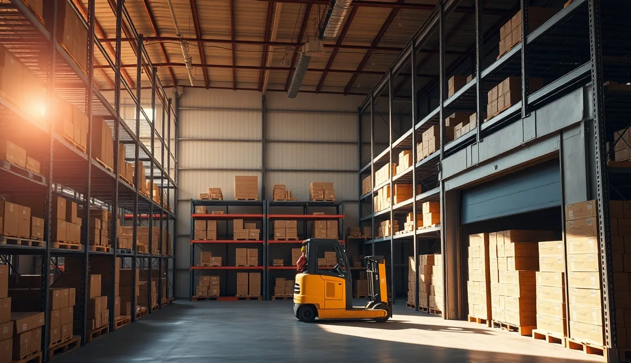 Empty small warehouse interior with shelving and pallet jack near loading dock