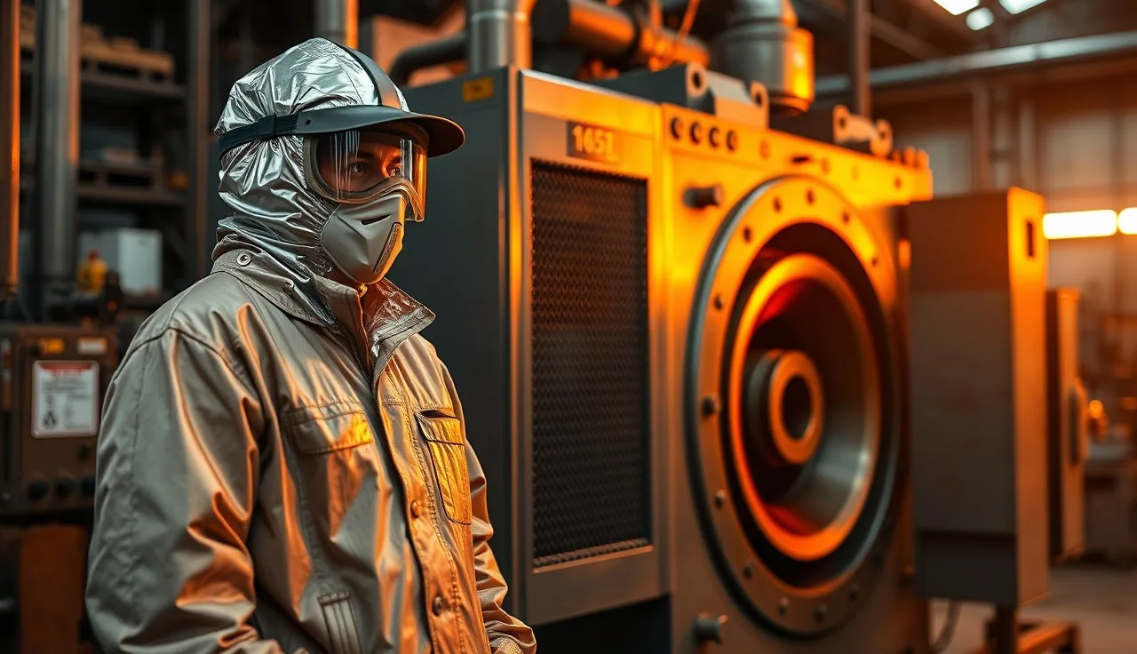 Die casting operator in full molten metal PPE beside casting machine in small shop