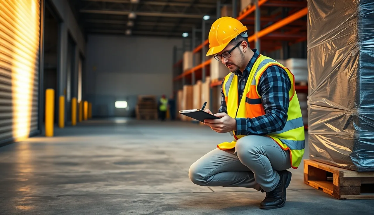 Worker kneeling on warehouse floor filling out a near miss report form on a clipboard