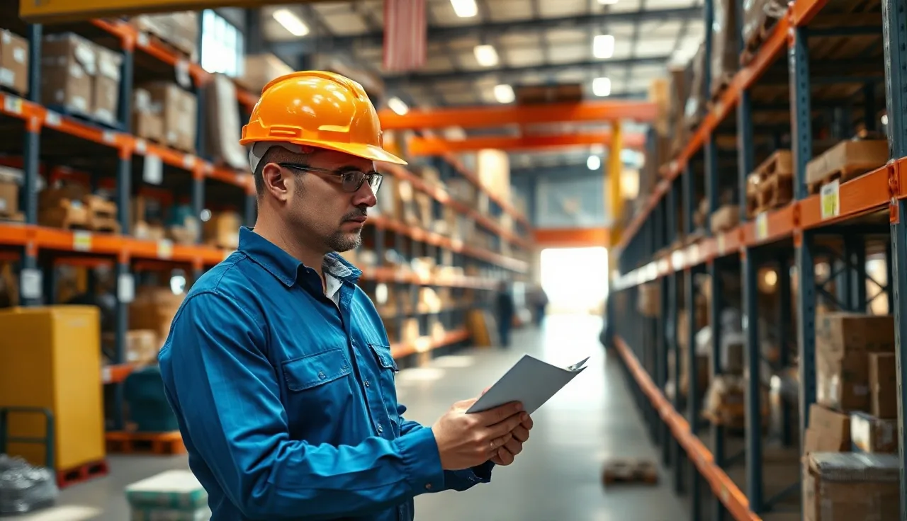 Safety manager reviewing drug testing policy documents on a warehouse floor