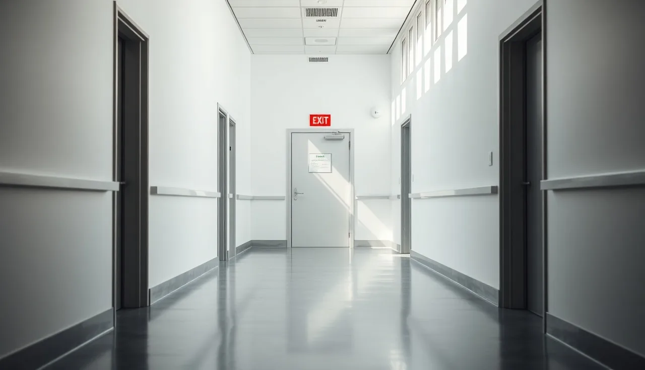 Unobstructed office hallway with emergency exit door visible at the end