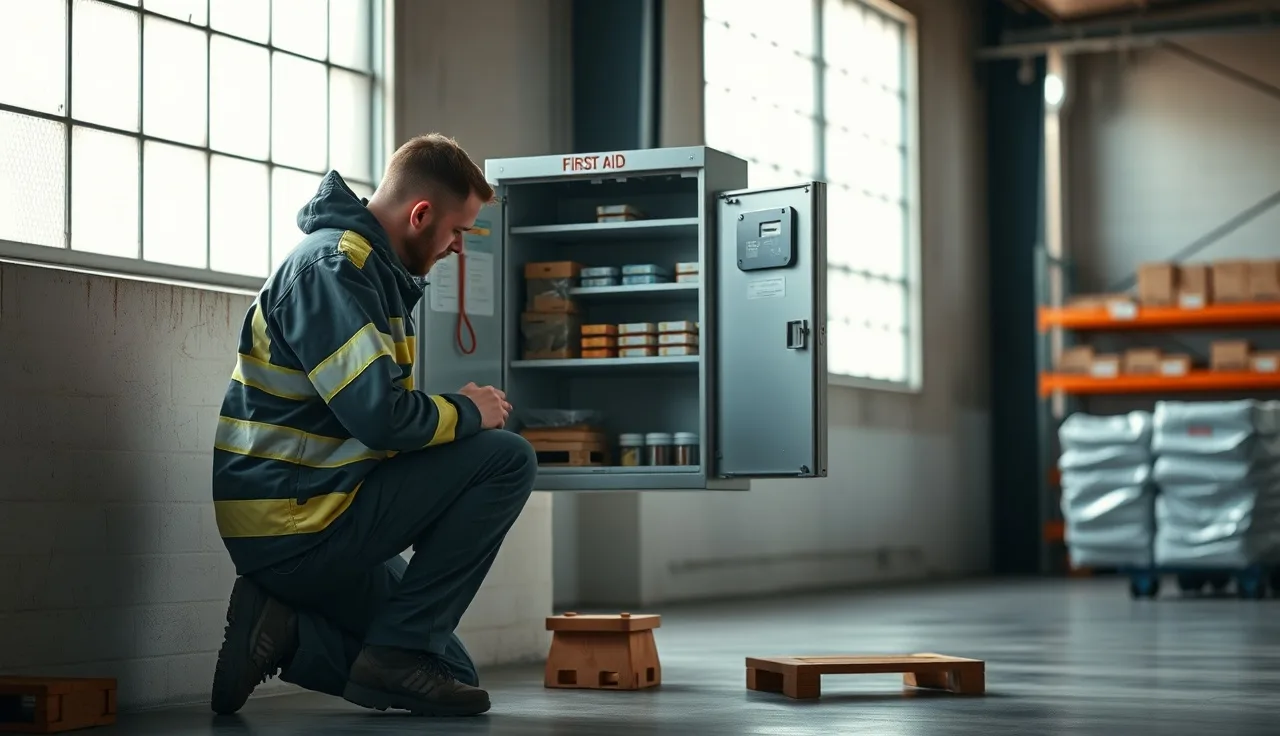 Worker inspecting an open first aid cabinet in a warehouse during the morning shift