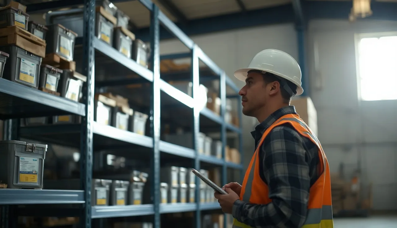 Worker in warehouse reviewing organized chemical storage shelving under bright overhead light