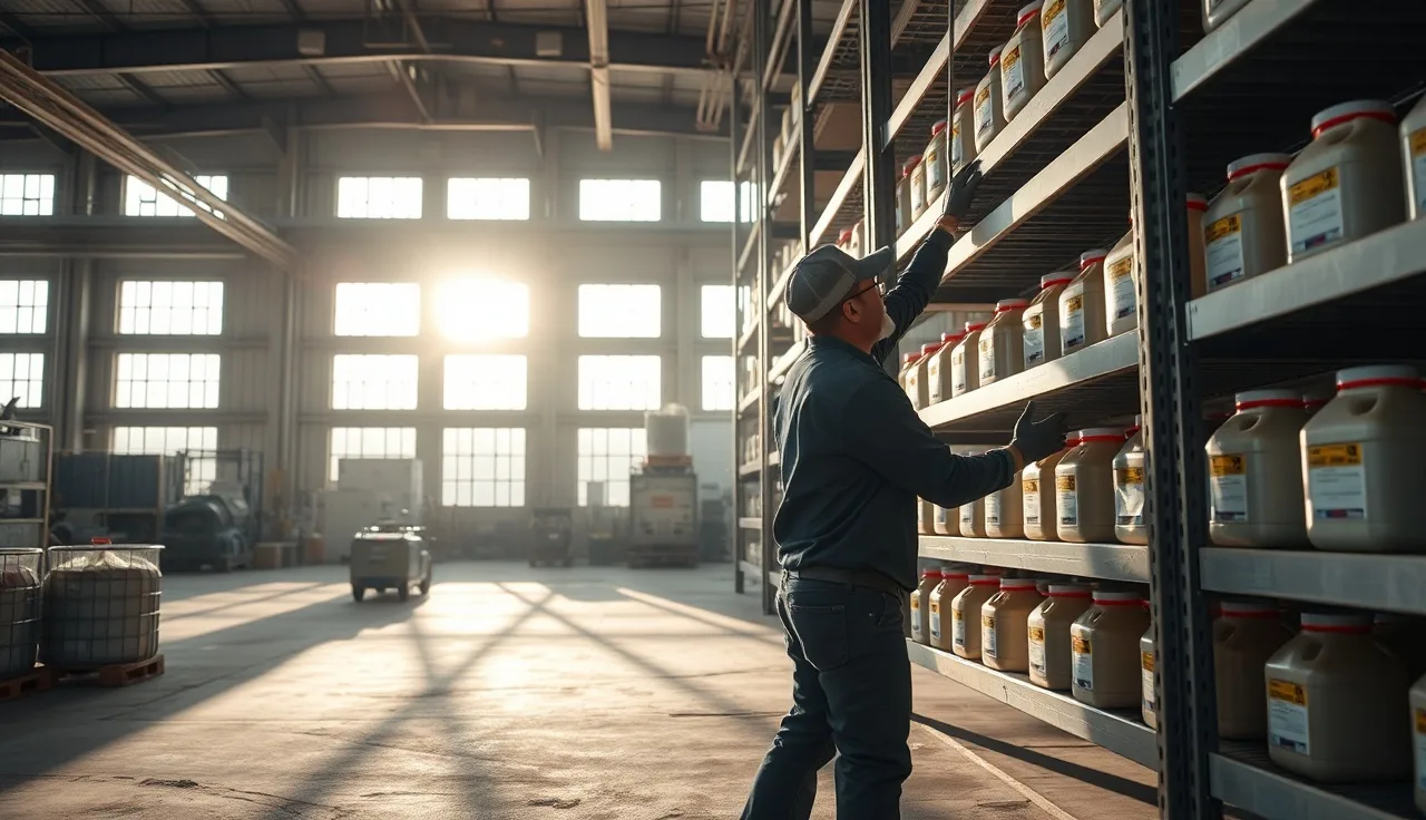 Worker accessing chemical storage shelves in an industrial facility