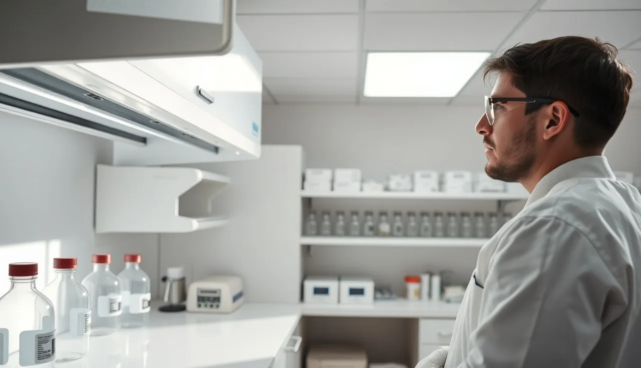 Lab technician adjusting a fume hood sash in a small testing laboratory