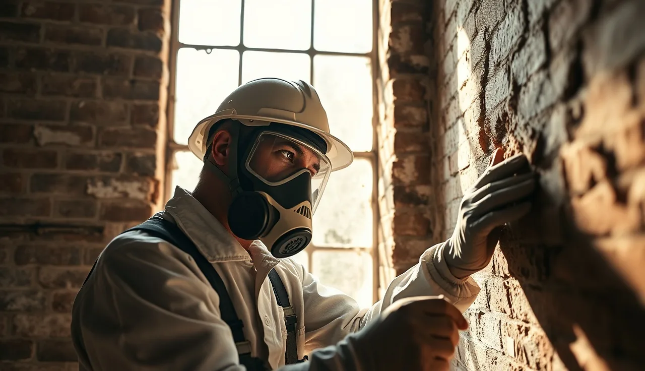 Construction worker in respirator and coveralls removing lead paint from old building interior