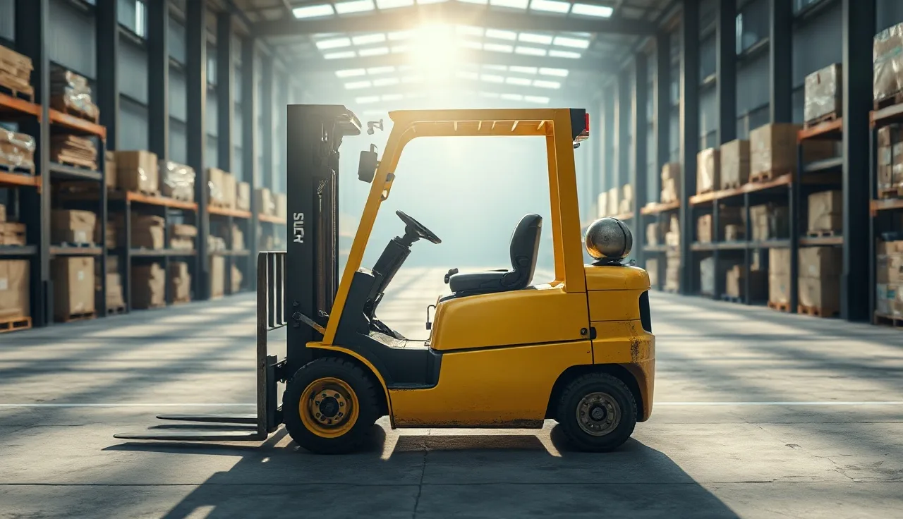 Yellow forklift parked in empty warehouse aisle with forks lowered